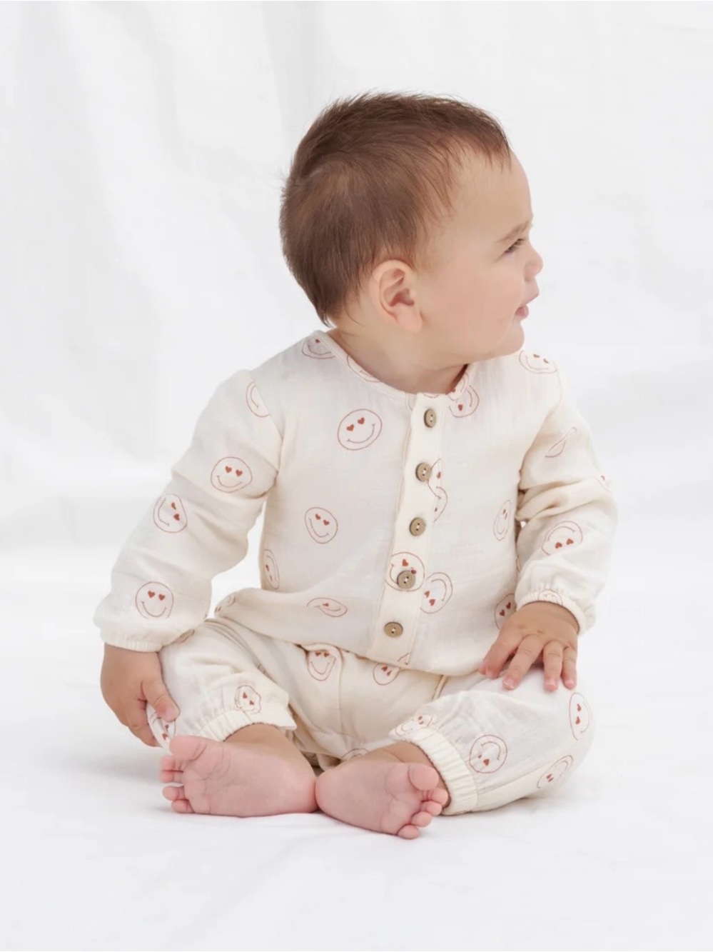 Quincy Mae | Cream Woven Cotton Jumpsuit | Heart Eye Smiley Prints | 12-18M